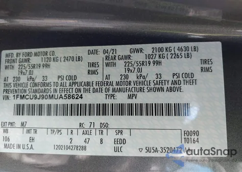 2021 Ford Escape Titanium z USA, uszkodzony, nr VIN 1FMCU9J90MUA58624